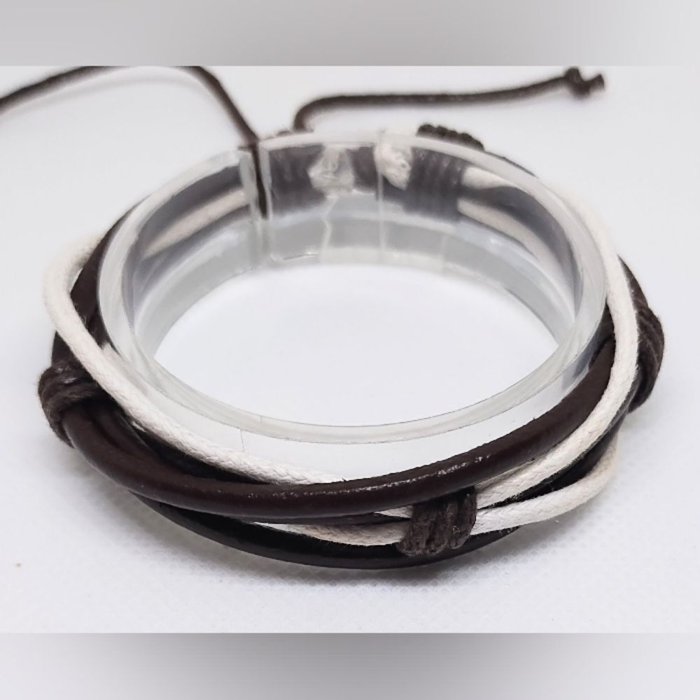 Men's bracelet leather layered brown‎ white New e98